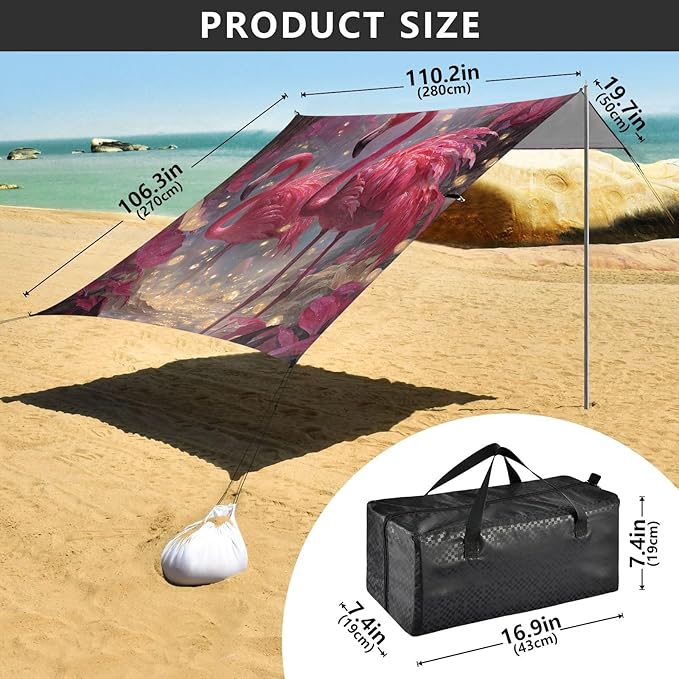 ALAZA Red Flamingos Beach Tent Sun Shelter UPF50+ Protection Beach Shade Canopy w/ 4 Sandbags for Outdoor Camping Fishing Backyard Fun Picnic 10x9 ft