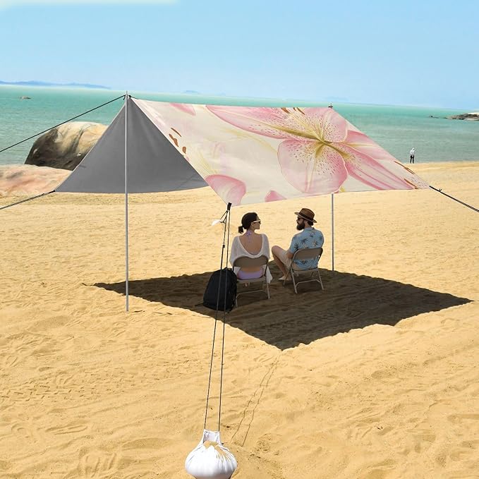 ALAZA Pink Golden Cute Lily Beach Tent Sun Shelter Portable Canopy Sunshade for Outdoor Camping Picnics Backyard Fun 10x9 ft
