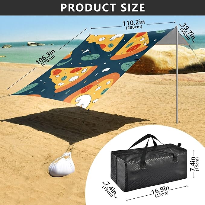 ALAZA Flat Pizza Leave Pattern Beach Tent Sun Shelter Portable Canopy Sunshade for Outdoor Camping Picnics Backyard Fun 10x9 ft