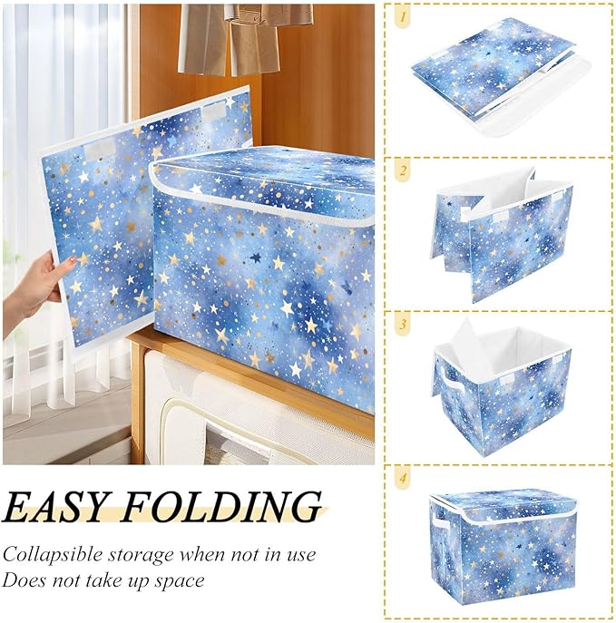 Collapsible Storage Bins with Lids Decorative Fabric Storage Cubes Closet Organizer and Storage Basket Boxes Containers for Clothes Box Chest Folding Rectangle Blue Romantic Golden St