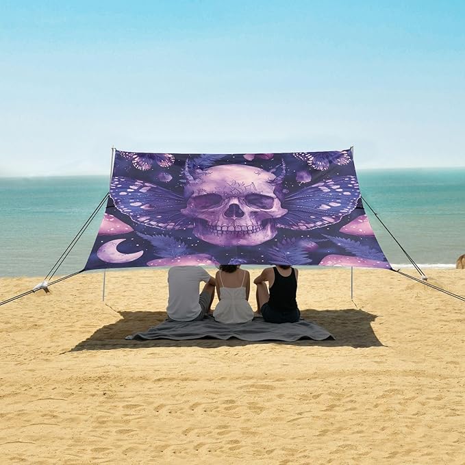 ALAZA Skull Moon Butterfly Beach Tent Sun Shelter UPF50+ Protection Beach Shade Canopy w/ 4 Sandbags for Outdoor Camping Fishing Backyard Fun Picnic 10x9 ft