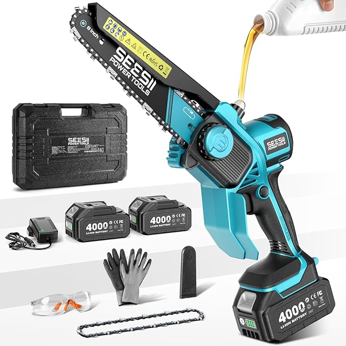 SEESII Flagship 8-Inch Cordless Mini Chainsaw 2026 Upgraded Brushless Motor Electric Chainsaw with 2×4000mAh Batteries Tool-Free Chain Tension &amp Oiler Handheld Saw for Fast Tree Branch Cutting