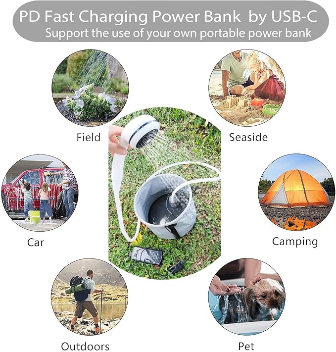 Portable 12V High Pressure Camp Shower Pump Compatible with Car Lighter Plug&ampPD fast charging portable power banks by USB-COutdoor Shower for CampingRV (Blue-USB-C(Connect to your PD power bank)
