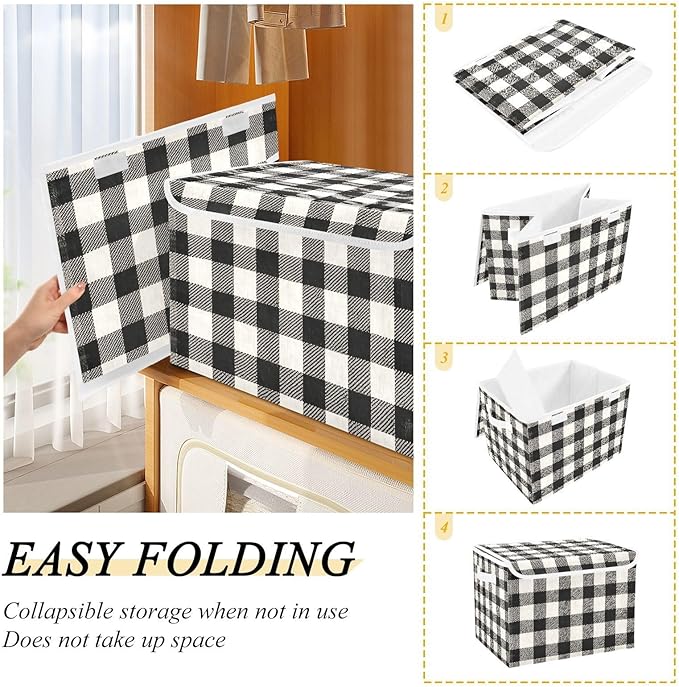 Black White Buffalo Plaid Large Storage Bins with Linen Foldable Storage Cubes Fabric Closet Organizer Containers box with Flip-Top Lid for Home Office 16.5 x 12.6 x 11.8 IN