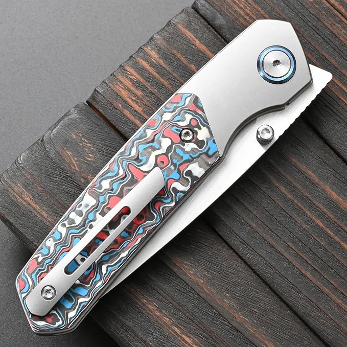 Sitivien ST271 Folding Knife M390 Steel Blade Titanium &amp G10 Handle Knife with Pocket Clip for Men Women Outdoor Camping Hiking Survival(Blue+White+Red)