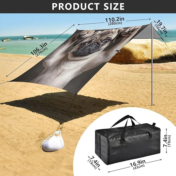 ALAZA Pug Dog Show Its Body Beach Tent Sun Shelter Portable Canopy Sunshade for Outdoor Camping Picnics Backyard Fun 10x9 ft