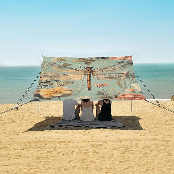 ALAZA Vintage Dragonfly Floral Beach Tent Sun Shelter Portable Canopy Sunshade for Outdoor Camping Picnics Backyard Fun 10x9 ft