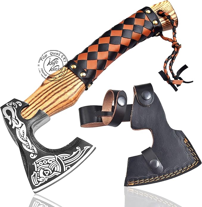 Hand-Forged Engraved Viking Axe Outdoor Camping Hunting Norse Hatchet Axe with Leather-Wrapped Handle &amp Sheath Great for Birthdays Gift Holidays Christmas or Weddings Gift (AXE-02)