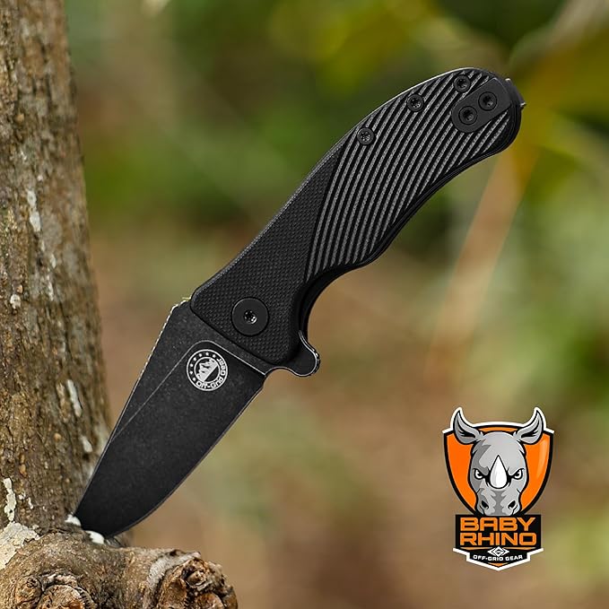 Off-Grid Gear Baby Rhino Compact Pocket Knife - Sandvik 12C27 G10 Scales Lightweight Design for Camping Hiking and Fishing (Nightfall)
