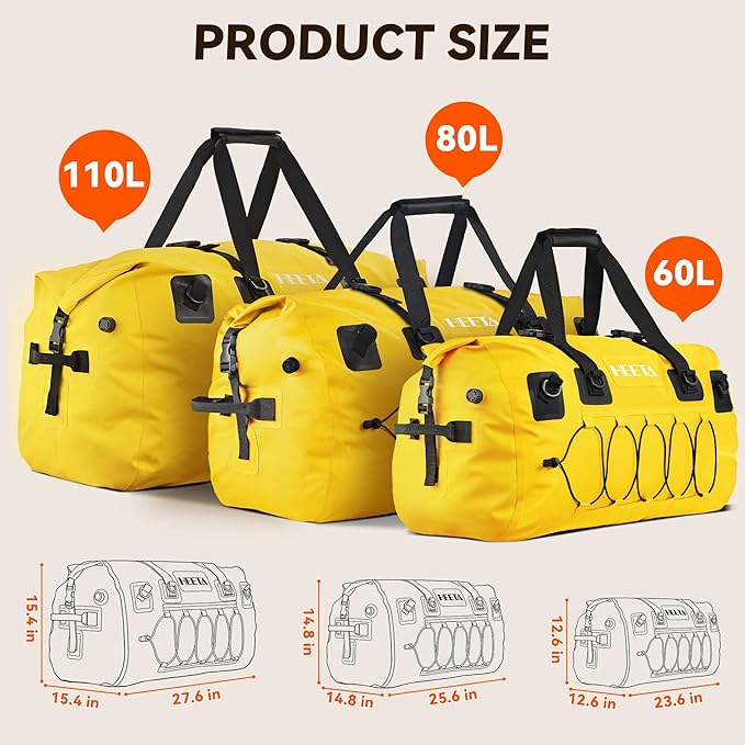 HEETA Waterproof Duffel Bag Motorcycle Dry Bag Backpack 60L/80L Extra Large Rolltop Travel Duffle Bags with Straps &amp Handles for Kayaking Rafting Boating Canoeing Camping Gym Beach Cruise Ship