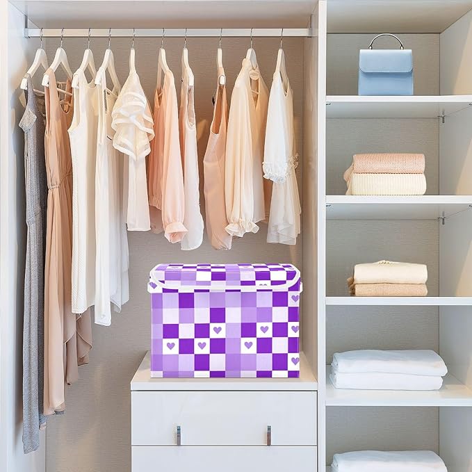 Checkered Purple Hearts Storage Box with Lid 1 PC Foldable Storage Bin with Lids Stackable Storage Bins Cube Closet Organizer Basket with Flip-Top Lid &amp Handles for Shoes Books Towels