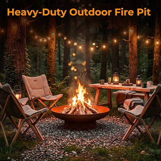 KOL Fire Pit for Outside Wood Burning 27.5 Inch Round Firepit Bowl Outdoor and Patio Heavy-Duty Steel Bonfire Pit Oxidized Finish Free-Standing Camping Backyard Terrace