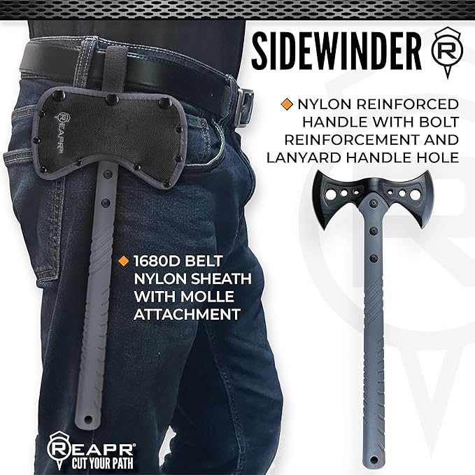 Reapr Sidewinder Tactical Double Axe16 Dual-Headed Survival Hatchet with 2Cr13 Stainless Steel Cast Head Black Oxide Finish Ballistic Sheath Camping Hunting Outdoor (Sidewinder)