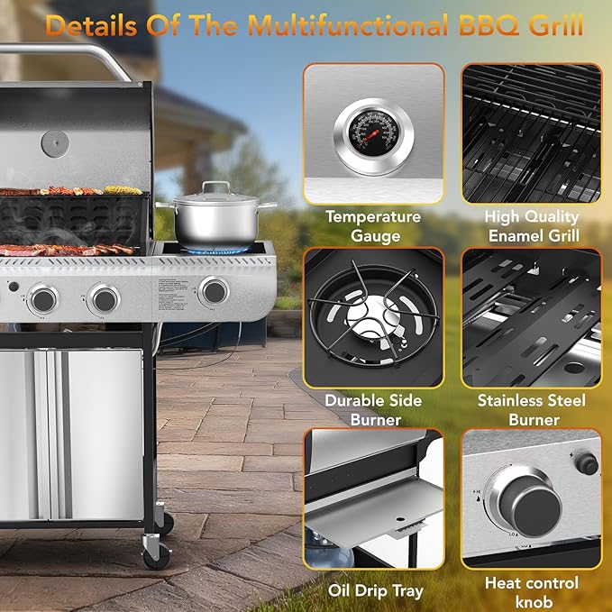 3-Burner Propane Gas Grill with Side BurnerStainless Steel BBQ Grill with Porcelain-Enameled Cast Iron Grates37000 BTU Barbecue Grill Suitable for PatioCampingOutdoor Cooking