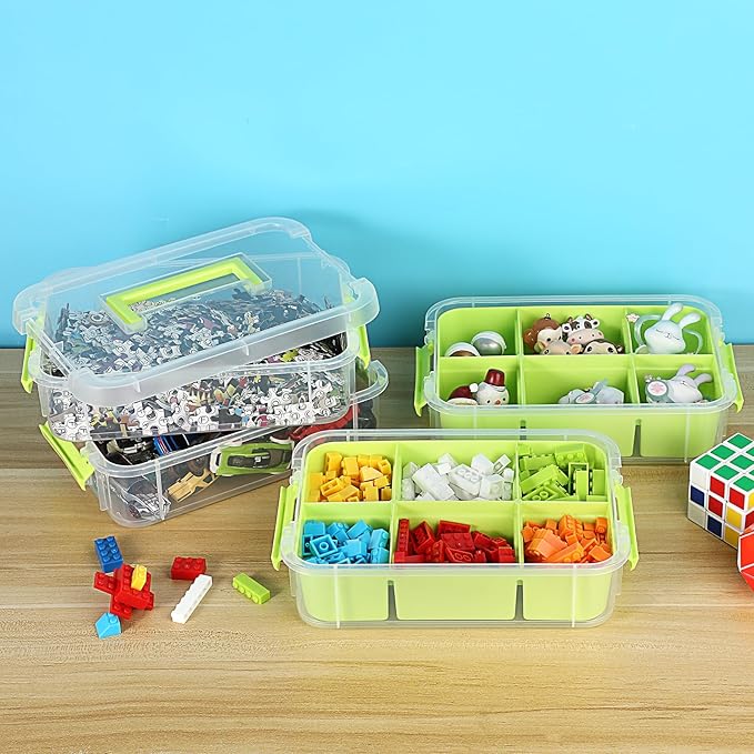 JUXYES 4-Tiers Stack Carry Storage Box With 2 Divided Tray Transparent Stackable Storage Bin With Handle Lid Latching Storage Container for School &amp Office Supplies Green