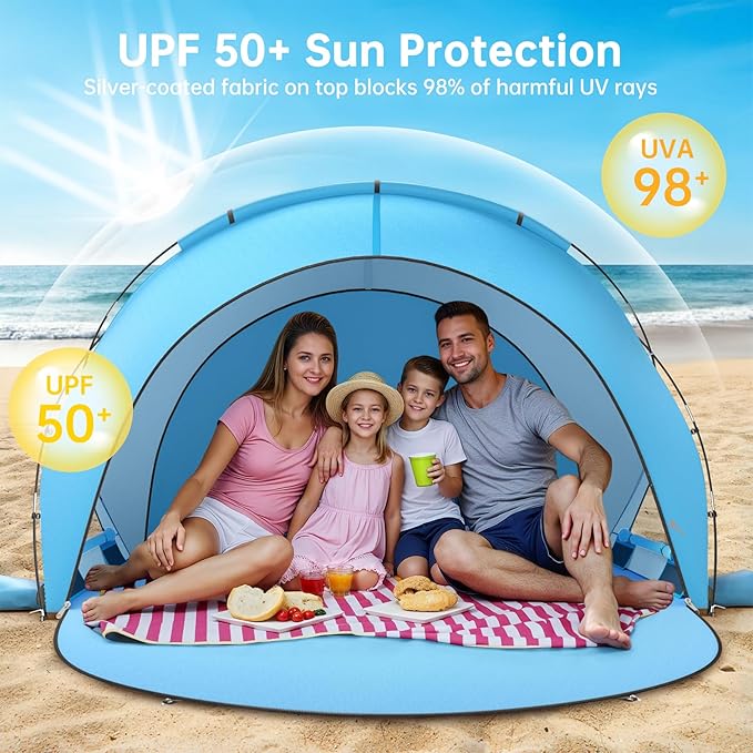 Raynesys Beach Tent Sun Shelter Sun Shelter for 1-4 Person Beach Shade Tent Beaches Shade with 2 Zippered Doors Portable Tents for Camping Fishing Blue