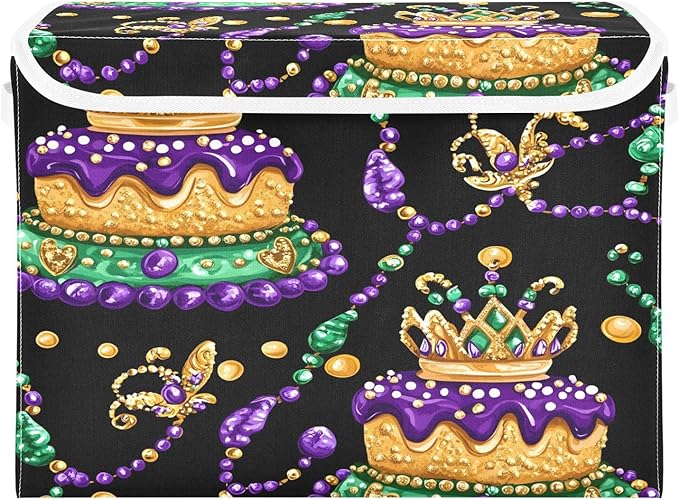 Christmas Storage Baskets with Lids Mardi Gras Carnival Cake Collapsible Bins Stackable Fabric Linen Baskets Closet Organizer Container 16.5x12.6x11.8