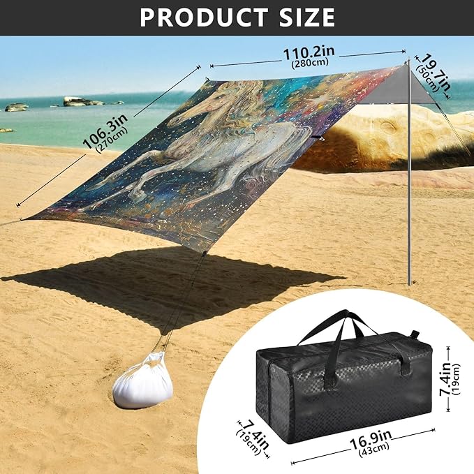 ALAZA Star Magic Unicorn Oil Painting Beach Tent Sun Shelter Portable Canopy Sunshade for Outdoor Camping Picnics Backyard Fun 10x9 ft