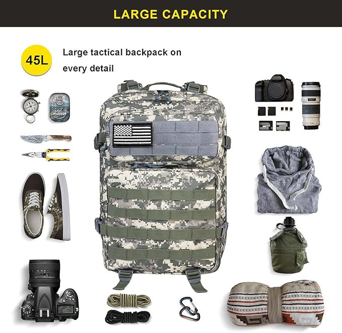 Zavothy 45L Military Tactical Backpack Army 3-Day Assault Pack Bug Out Bag for Hiking Camping | Army Bag Large Rucksack with Molle System