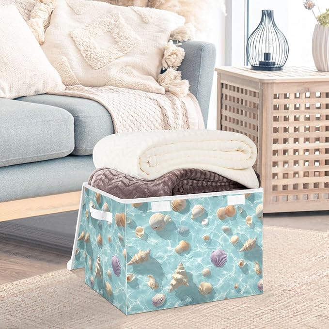 Blue Sea Shell Summer Collapsible Storage Bins with Lids Decorative Fabric Cubes Closet Organizer Basket Boxes Containers for Clothes Box Chest Folding Rectangle