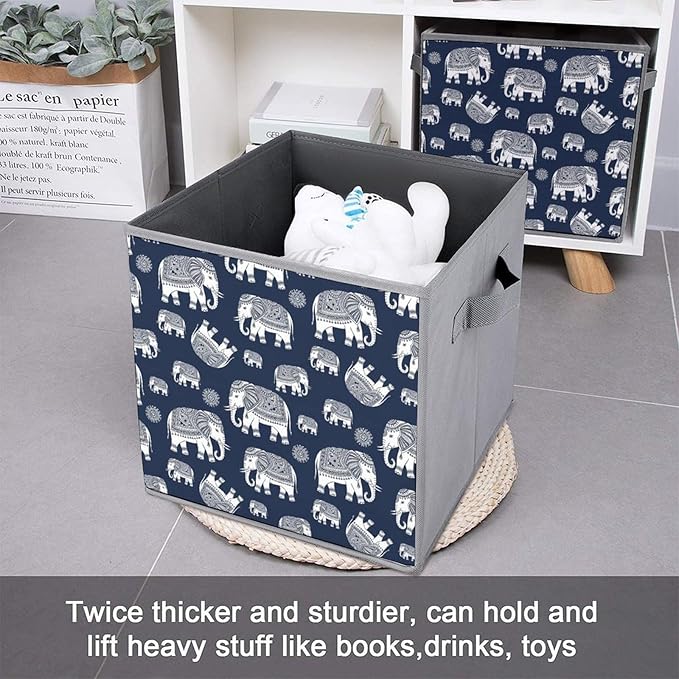 Foldable Cube Storage Organizer with Handles Navy Elephant Durable Collapsible Fabric Bin for Travel &amp Camping Portable Organizer for Gear &amp Supplies