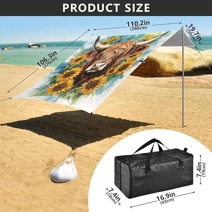 ALAZA Watercolor Highland Cow Beach Tent Sun Shelter Portable Canopy Sunshade for Outdoor Camping Picnics Backyard Fun 10x9 ft