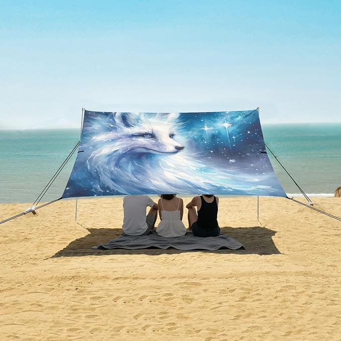 ALAZA Ice Fox Starry Sky Galaxy Beach Tent Sun Shelter UPF50+ Protection Beach Shade Canopy w/ 4 Sandbags for Outdoor Camping Fishing Backyard Fun Picnic 10x9 ft