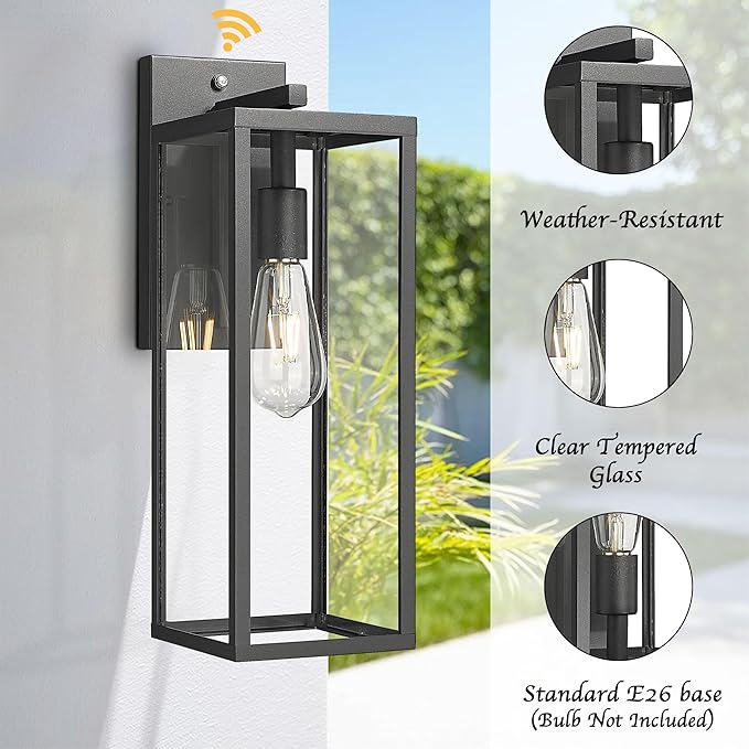 Bestshared Dusk to Dawn Sensor Outdoor Wall Lantern 18 Inch Tall Large Exterior Wall Lights Anti-Rust Modern Black Outside Lamp for House Front Porch Doorway Patio (Black 18 H)