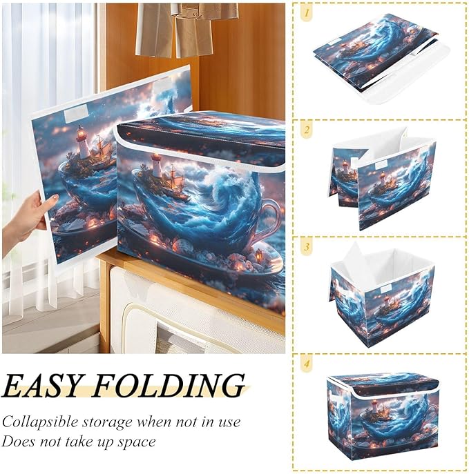 AIXIWAWA Lidded Storage Cube (Surreal Cup) Fabric Foldable Closet Bins with Flip Lid and Handles Organizer Basket Container 16.5 x 12.6 x 11.8 IN