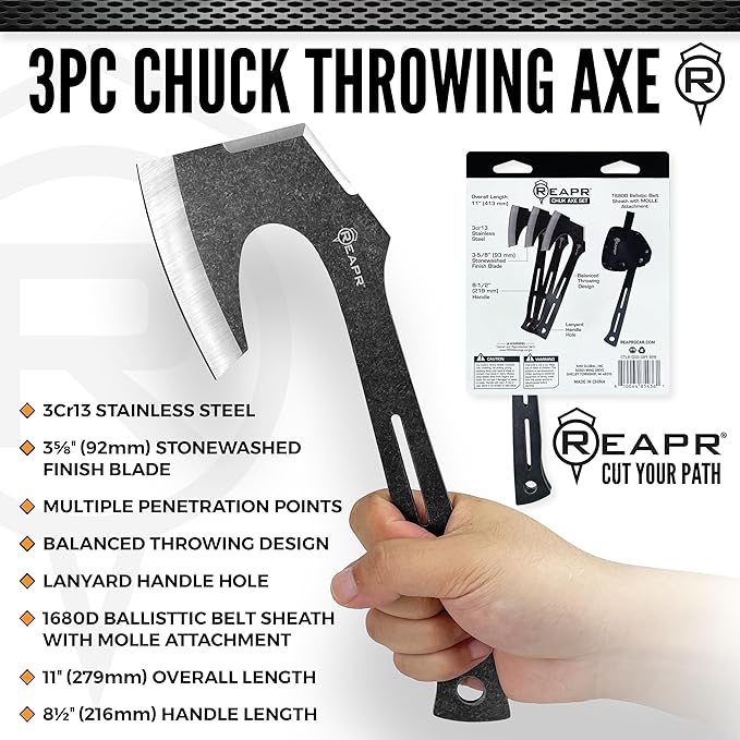Reapr CHUK 3-Piece Throwing Axe Set – 11 Full-Tang Tactical Tomahawks with Dual-Edge Blades Stonewashed Finish Nylon Sheath with MOLLE – Outdoor Recreation Camping (3 Piece Chuck Throwing Axe)