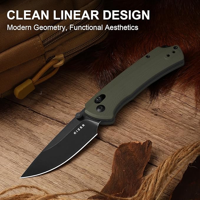 Kizer T1 CD EDC Pocket Knife 3.2 D2 Steel Drop Point Folding Knives with Olive Green G10 Handle Sided Thumb Studs Opener Clutch Lock for Camping Hiking Fishing V3490.2CM1