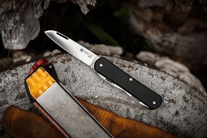 Fox Knives Vulpis FX-VP130-SF5 Slipjoint EDC Pocket Knife 5-in-1 Multitool - 2.17in Blade Hacksaw Bottle Opener Can Opener Scissors Flat Head Screwdriver - Every Day Carry (Black)