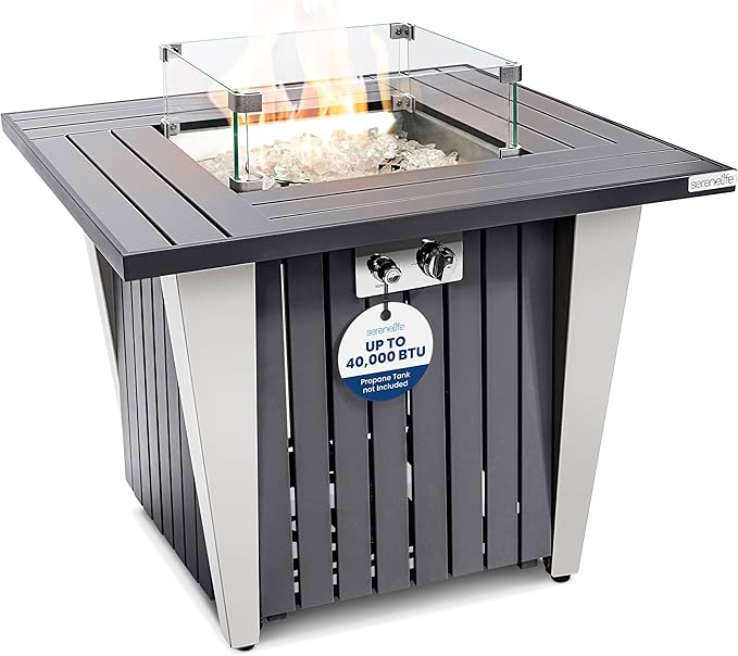 SereneLife Propane Fire Pit Table 50000 BTU with Sturdy Metal Frame Stainless Steel Fire Pan Decorative Glass Rocks Weather Cover CSA Certified for Patio Backyard or Garden Use