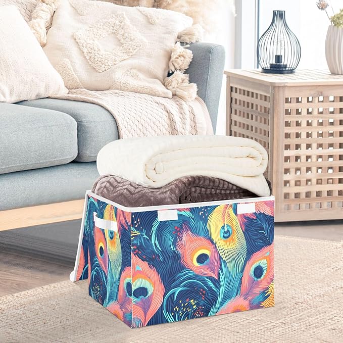 Storage Cube with Lid Pattern Feather Print 16.5×12.6×11.8 IN Collapsible Large Capacity Foldable Storage Basket Bin Organizer