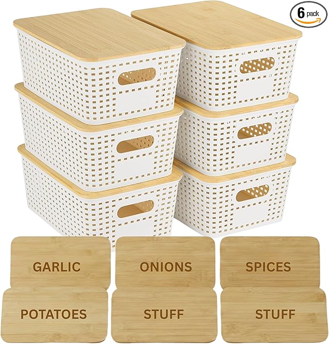 Plastic Storage Bins with Bamboo Lids 6 Pack Stackable Kitchen Organizer Containers with Natural Bamboo Lids Pantry Organizer bins for Garlic Onions (Produce &amp Spice Set)
