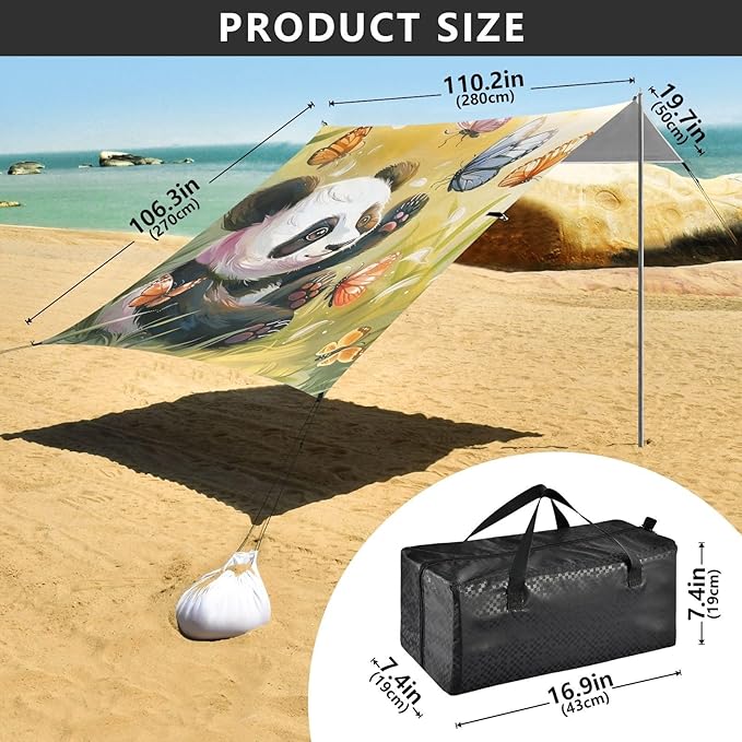 ALAZA Panda Play with Butterflies Beach Tent Sun Shelter Portable Canopy Sunshade for Outdoor Camping Picnics Backyard Fun 10x9 ft