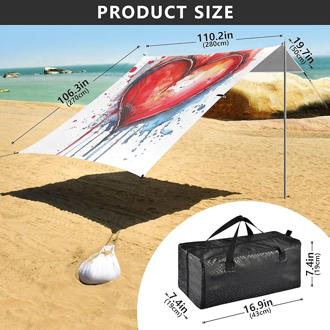 ALAZA Red Heart Watercolour Beach Tent Sun Shelter UPF50+ Protection Beach Shade Canopy w/ 4 Sandbags for Outdoor Camping Fishing Backyard Fun Picnic 10x9 ft
