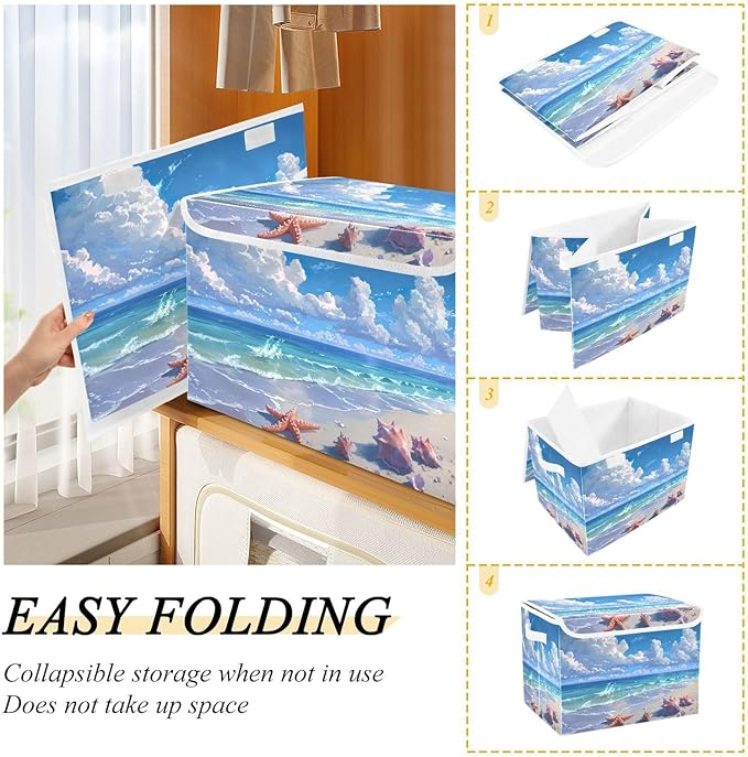 Kigai Beach Shells Foldable Storage Bin Cube Organizer Basket with Flip-Top Lid Clothes Blanket Box for Home Office Closet
