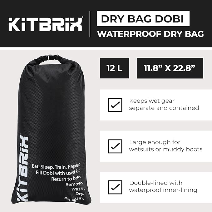 KitBrix DobiPak Drybag 12L - Keeps Wet Gear Separate - Waterproof Dry Bag for Sports Camping &amp Travel - Perfect for Wetsuits Swim Gear Muddy Boots - Durable &amp Lightweight