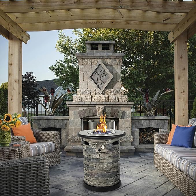 BAIDE HOME Outdoor Propane Fire Pit Table Round Porcelain Tile Top 22 Fire Bowl Column W/ 40000 BTU Firepit Table Auto-Ignition 400D Cover Glass Rocks for Outside Patio