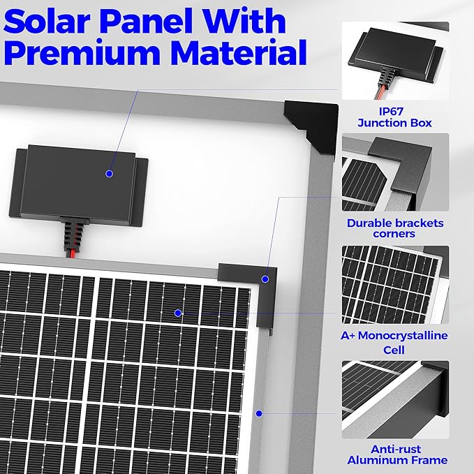 Voltset 50W Solar Panel Kit 12V Solar Battery Trickle Charger Maintainer + 10A MPPT Charge Controller + Adjustable Mount BracketWaterproof Solar Panel Battery Charger for Car Boat Marine RV Roof
