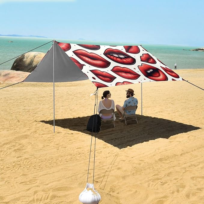ALAZA Red Lips Polka Dots Beach Tent Sun Shelter UPF50+ Protection Beach Shade Canopy w/ 4 Sandbags for Outdoor Camping Fishing Backyard Fun Picnic 10x9 ft