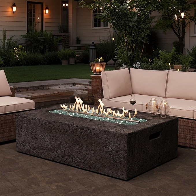 Outdoor Propane Fire Pit Table Set – Premium Slate-Like MgO Finish 48-Inch Gas Fire Table for Patio Garden &amp Backyard Includes Rain Cover &amp Glass Beads