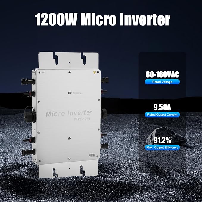 1200W Solar Grid Tie Micro Inverter IP65 Waterproof MPPT &amp LCD Display DC 17-50V Input/AC 80-160V Output Pure Sine Wave Auto Power Transmission for 24V/30V/36V Solar Panels