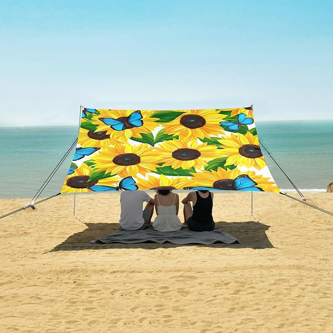Beach Canopy with Windproof Ropes &amp Sandbags Beach Tent Sun Shade Sun Shelter for Camping Trips Fishing Backyard Fun or Picnics Sunflowers