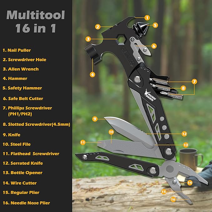 Rush Deer Camping Essentials Multitool16 in 1 Multi Tool Survival Gear with Hammer Pliers Knife Screwdrivers Bottle Opener &amp Car Safety Hammer for Camping Hiking Gift for Dad Him