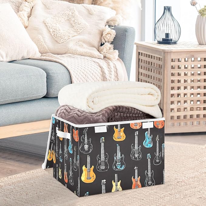 Storage Cube with Lid Cartoon Guitars Print 16.5×12.6×11.8 IN 1 Pack Collapsible Large Capacity Foldable Storage Basket Bin Organizer
