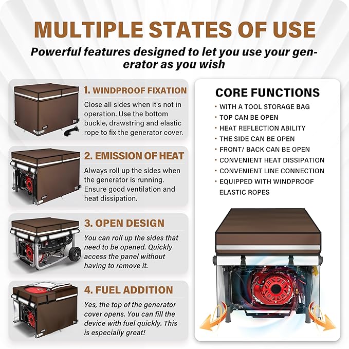 2025 Upgrade 900D+210D Heavy Duty Thicken Fabric. GUYISS Generator Covers While Running. 32L×24W×24H Top Can Be Opened for Refueling Compatible with 4500W-10000W Frame Generator Coffee.