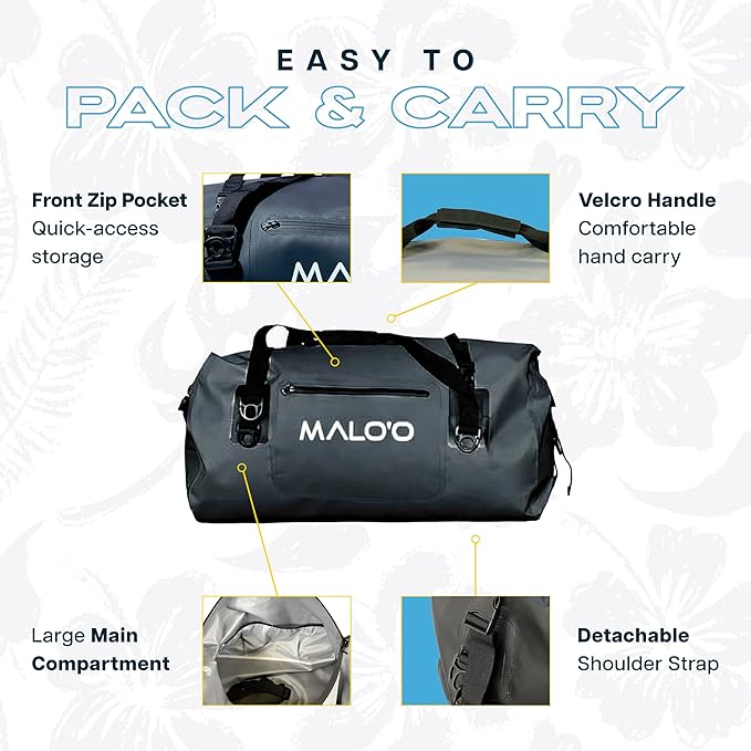 Malo’o Waterproof Dry Duffel Heavy-Duty Roll Top Waterproof Gear Bag with Shoulder Strap &amp Molle Loops Marine Duffel for Kayaking Boating Camping Beach &amp Travel Black 40L