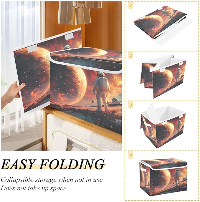 MNSRUU Containers Baskets with Lids Space Astronaut Fabric Foldable Storage Bins Organizer with Lid Collapsible Storage Boxes for Home Bedroom Closet Office